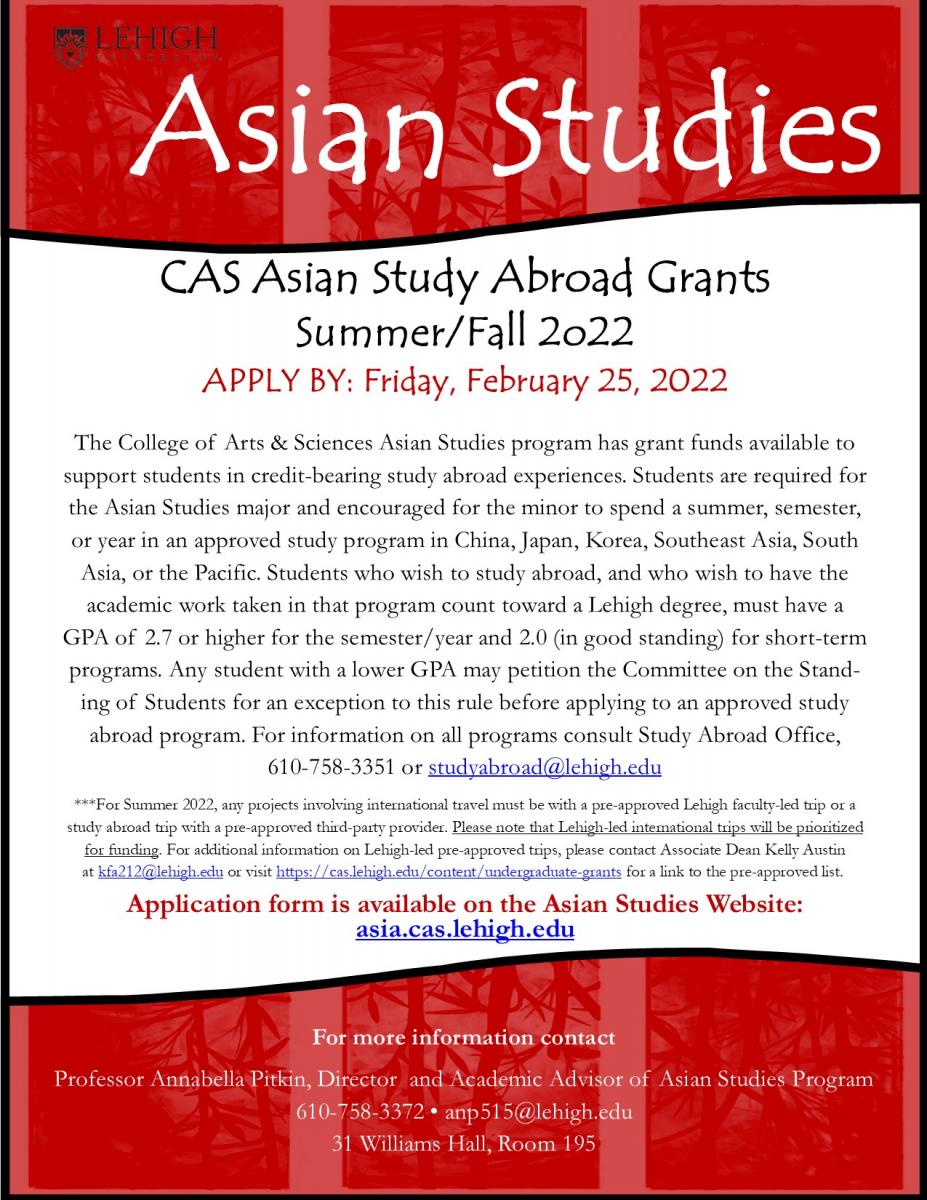 CAS Asian Study Abroad Grants Summer/Fall 2022 APPLY BY 2/25/22